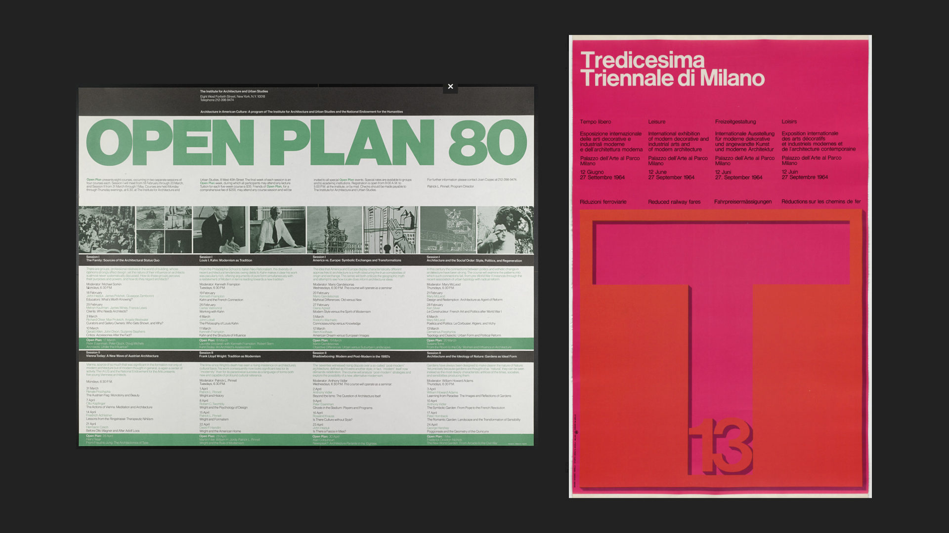 Info sheet for the Institute of Architecture and Urban Studies (1980) by Massimo Vignelli and Lella Vignelli, and exhibition poster (1964) by Massimo Vignelli, courtesy MOMA.